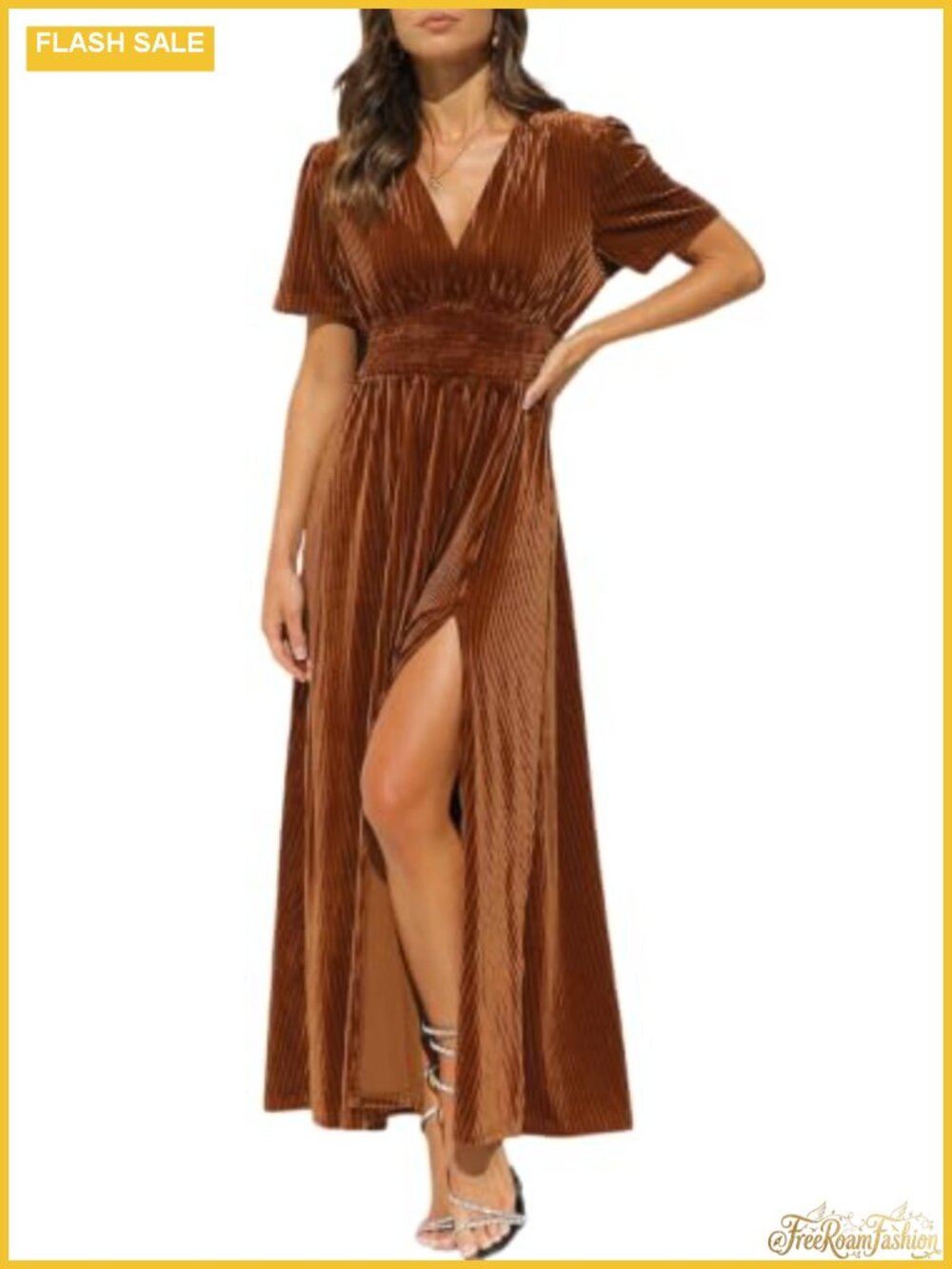 Velvet Maxi Dress Formal Wedding Guest A-Line V-Neck Flutter Sleeve
